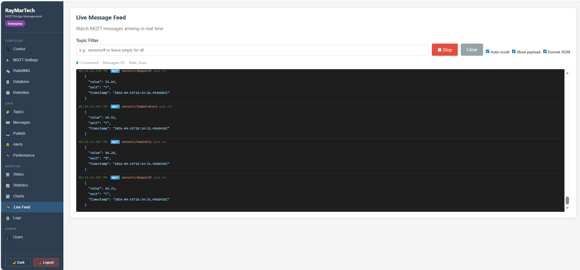 Live message feed showing real-time MQTT messages as they arrive